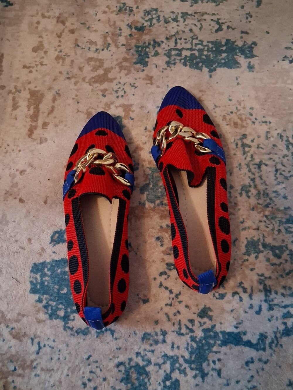 Blue and red polka dot flats